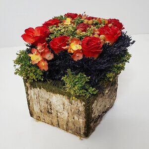 Faux  Red Roses & Flowers in tree trunk arrangement home decor